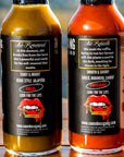 Sauce Boss Gang " Whole Gang " hot sauce collection back of hot sauce bottles.