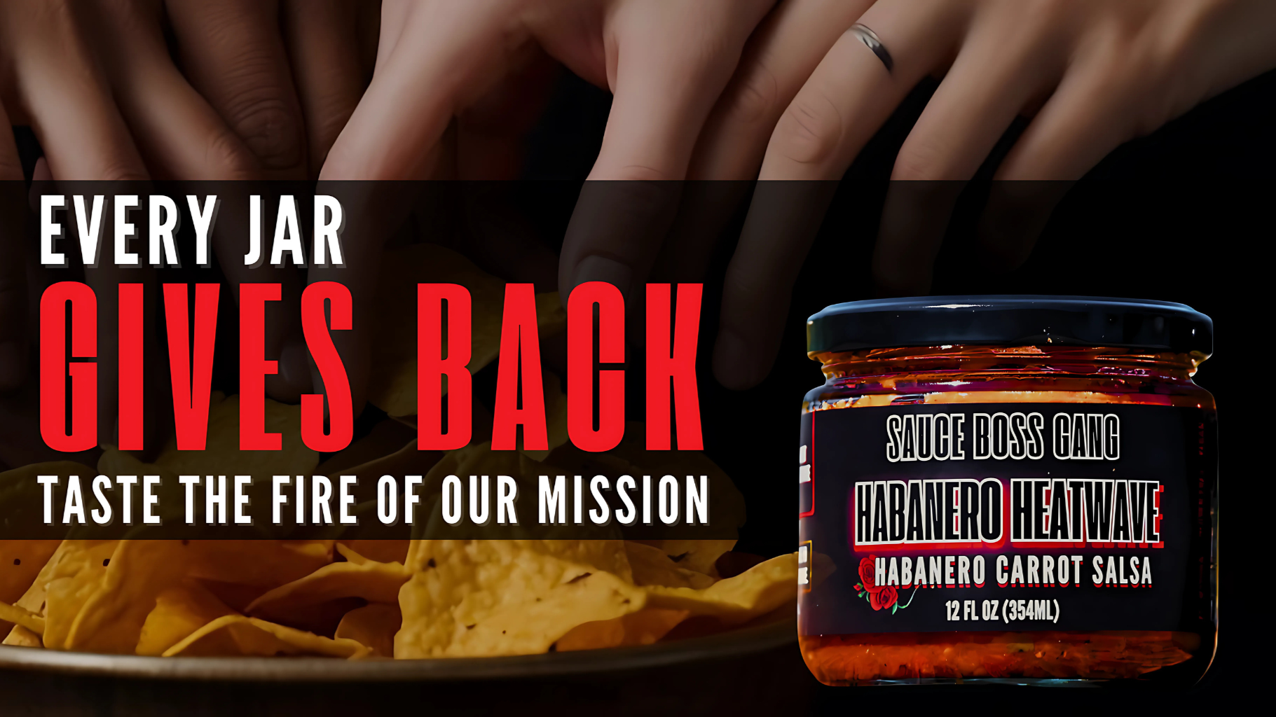 Jar of Sunde Boss Hard Habanero Heatwave Salsa with text 'Every jar gives back' and 'Taste the fire of our mission'.
