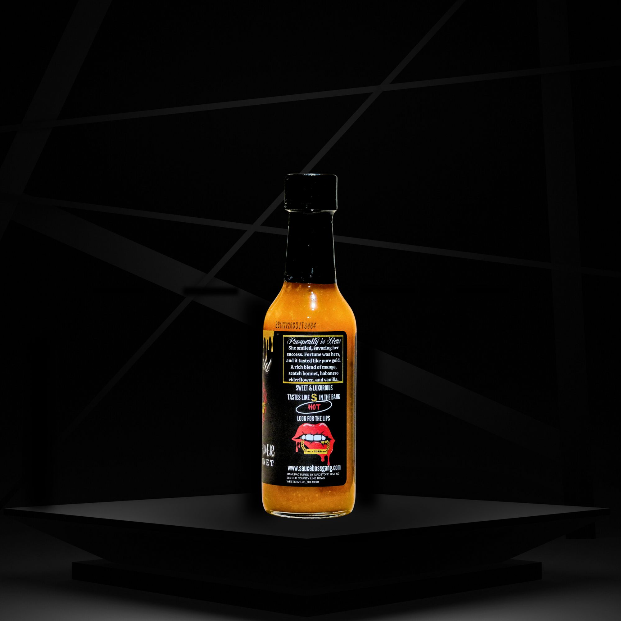 Sauce Boss Gang "Liquid Gold" hot sauce back bottle view.
