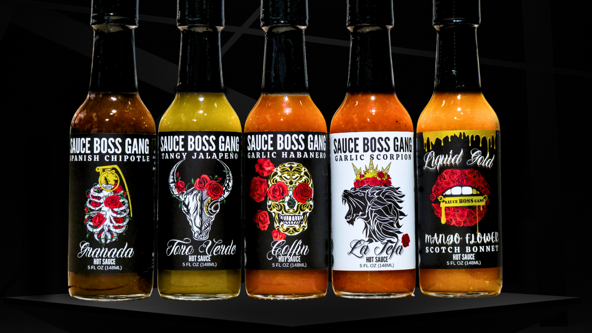 The fearless vegan hot sauce collection bottles front view.