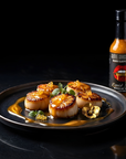 Plated scallops with a bottle of sauce on a dark background.
