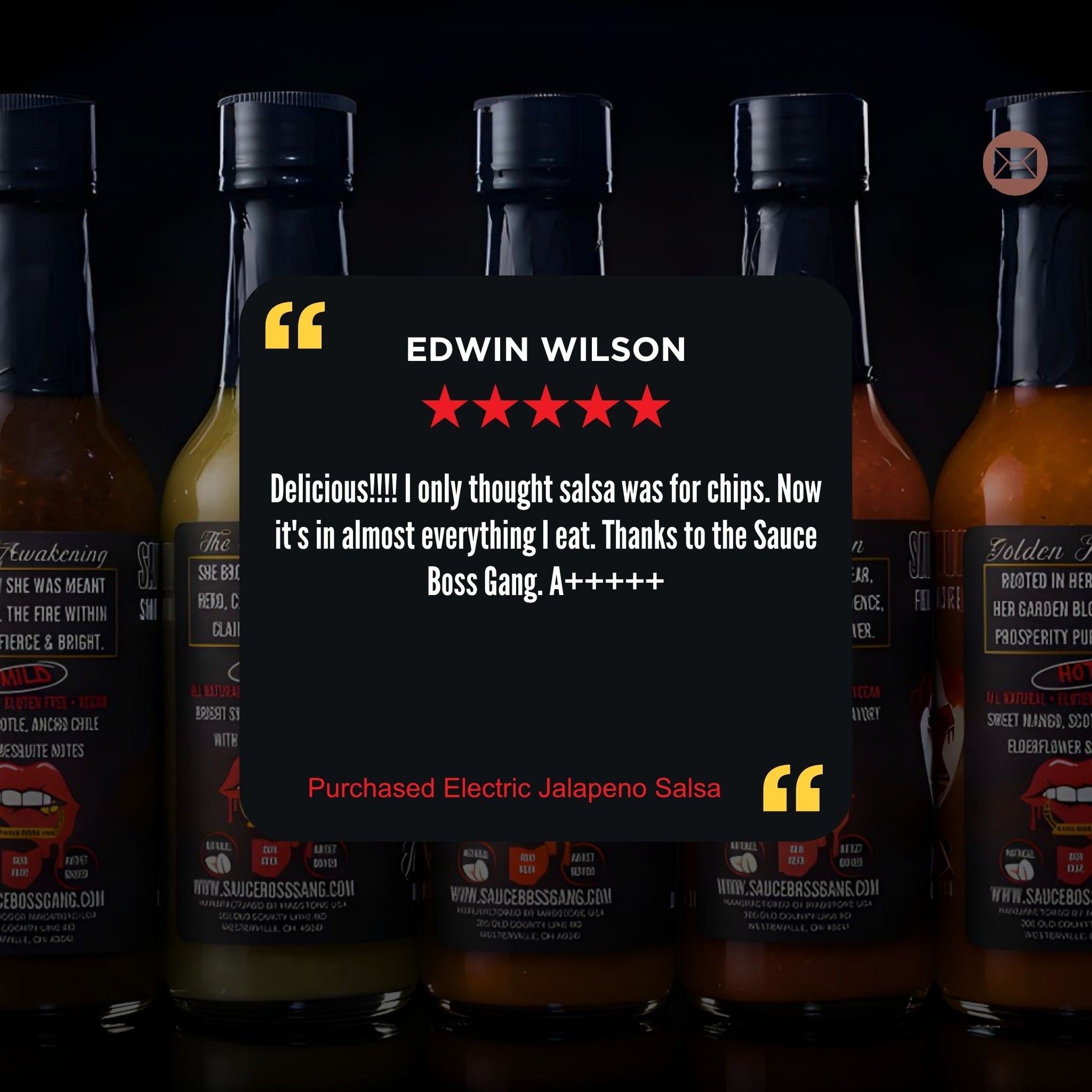Packaging of a salsa product with a customer review displayed on a dark background