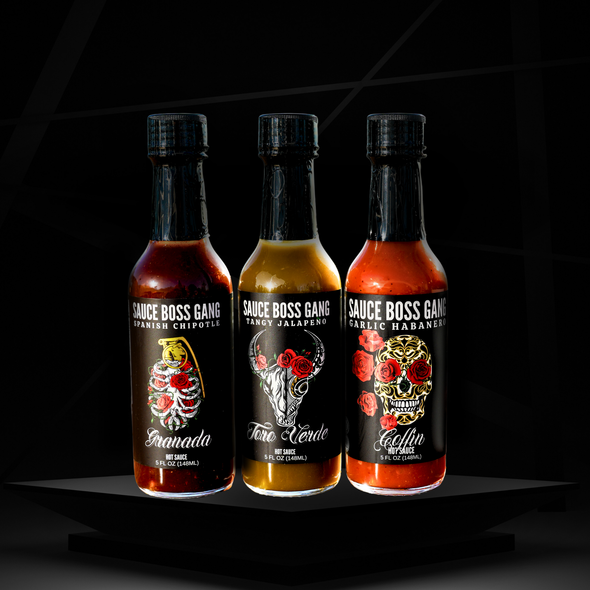 Tres Amigos hot sauce collection front view.