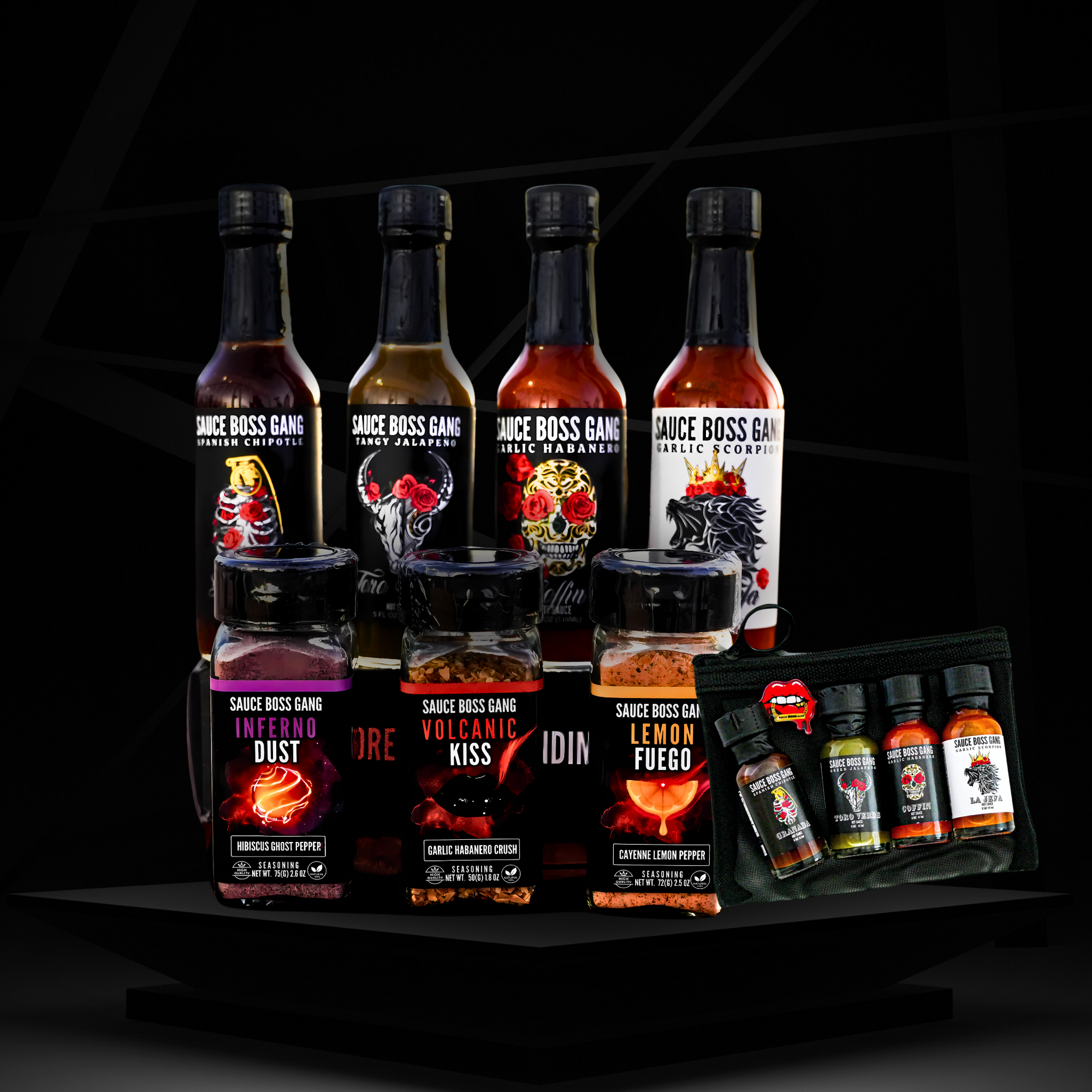 The kitchen rebel collection of hot sauces and seasonings front view.