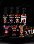 The kitchen rebel collection of hot sauces and seasonings front view.