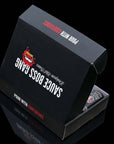 Black packaging box with 'Sauce Boss Gang' branding on a reflective black surface.