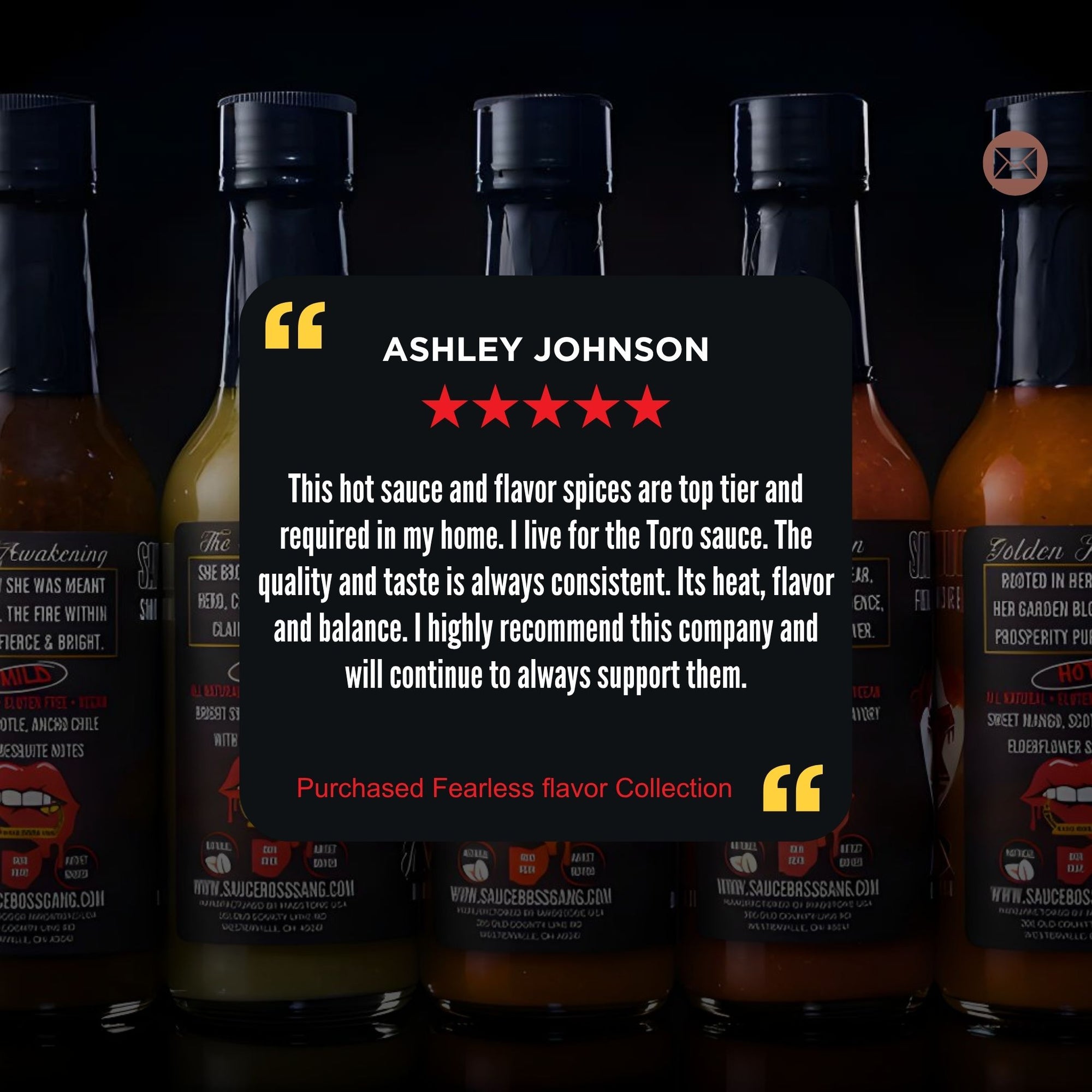 Hot sauce bottles with a customer review displayed in the center