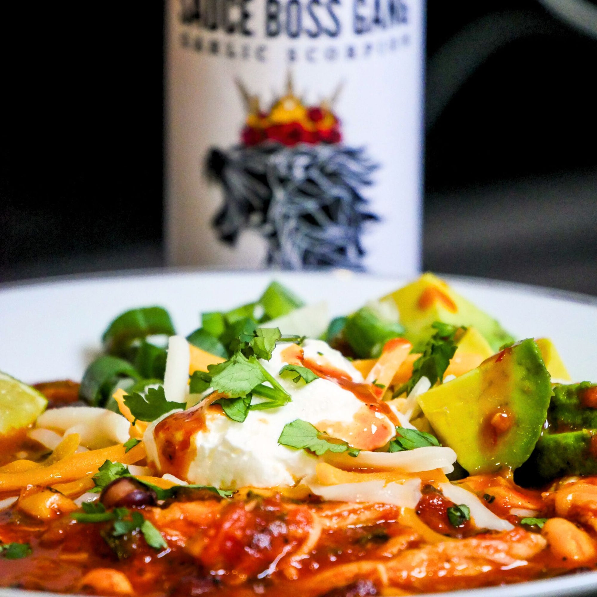 Sauce Boss Gang mustardseed scorpion pepper hot sauce in chicken tortilla soup.