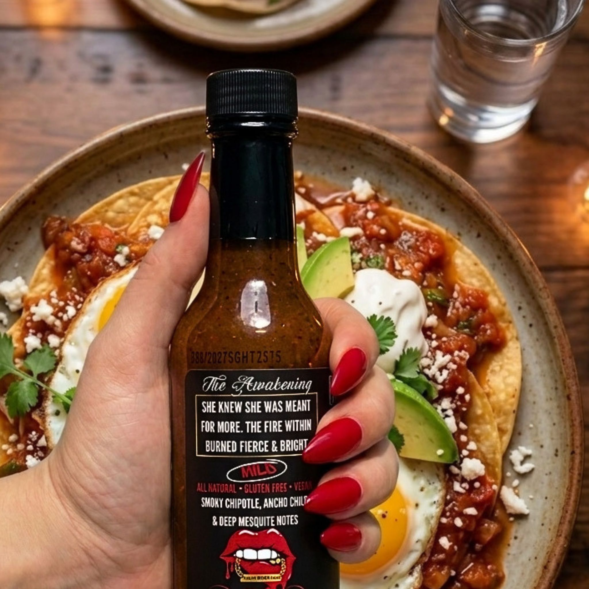Hand holding a bottle of hot sauce over a plate of food on a wooden table.