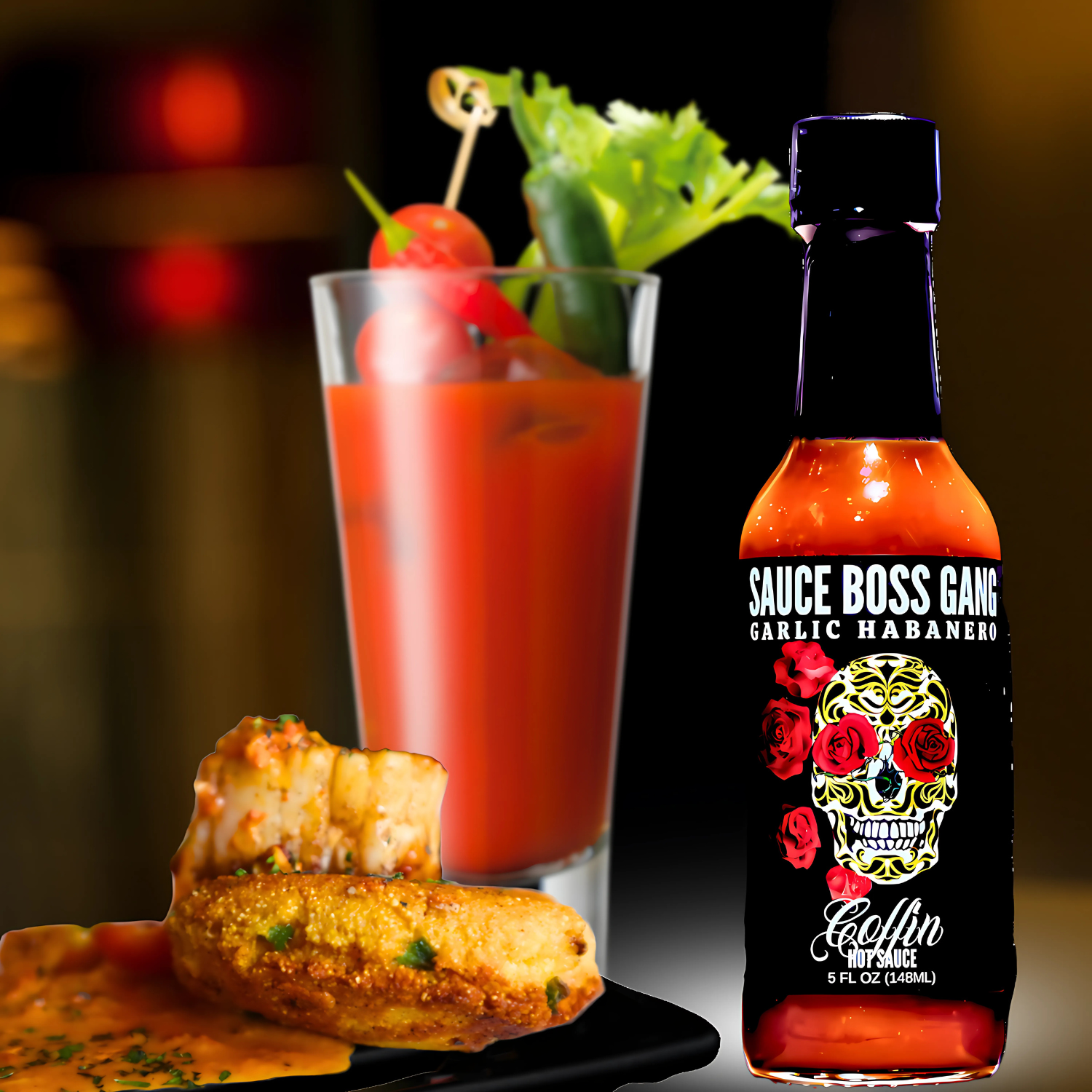 Sauce Boss Gang Garlic Habanero hot sauce infront of a bloody mary cocktail.