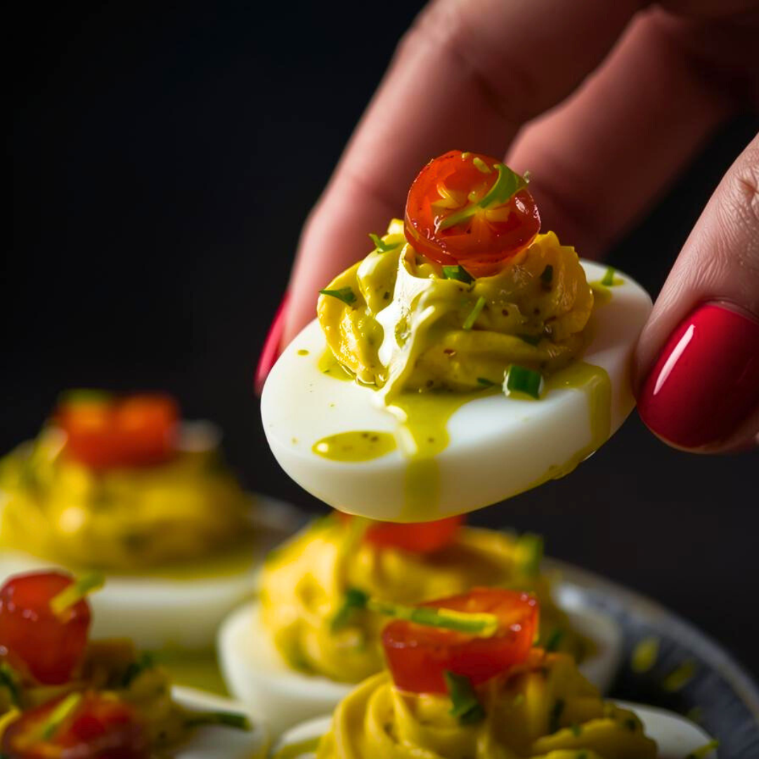 Deviled egg with avocado and cherry tomatoes held by a hand against a dark background
