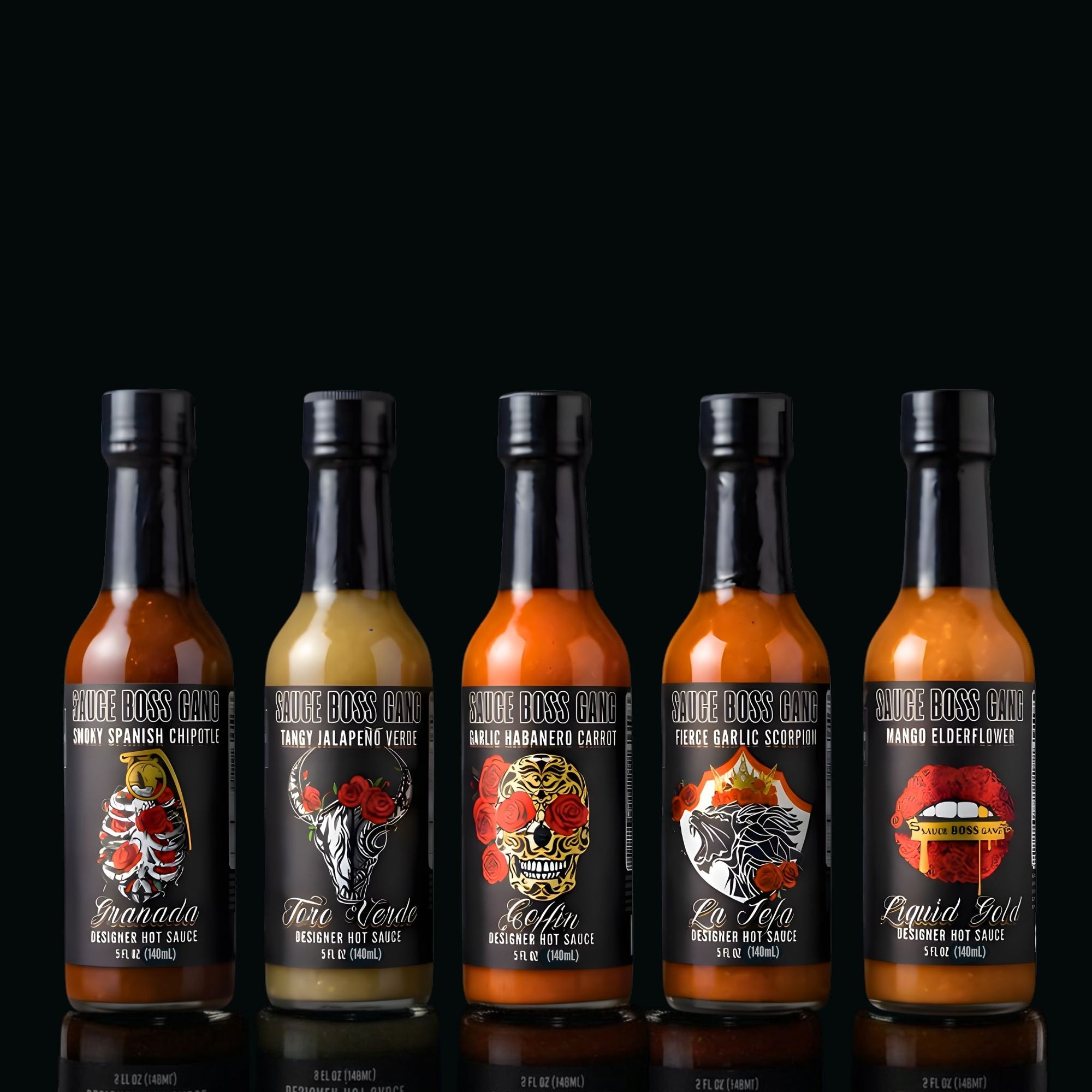 Set of six hot sauce bottles with labels on a black background