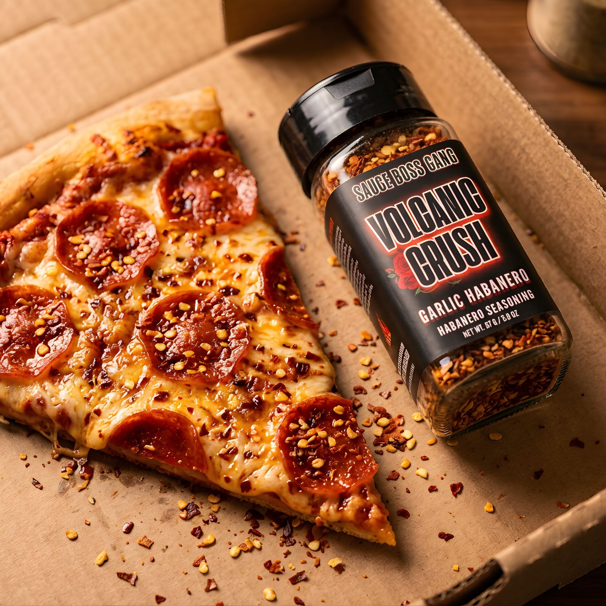 Slice of pizza with pepperoni next to a bottle of Volcanic Crush Garlic Habanero seasoning in a cardboard box.