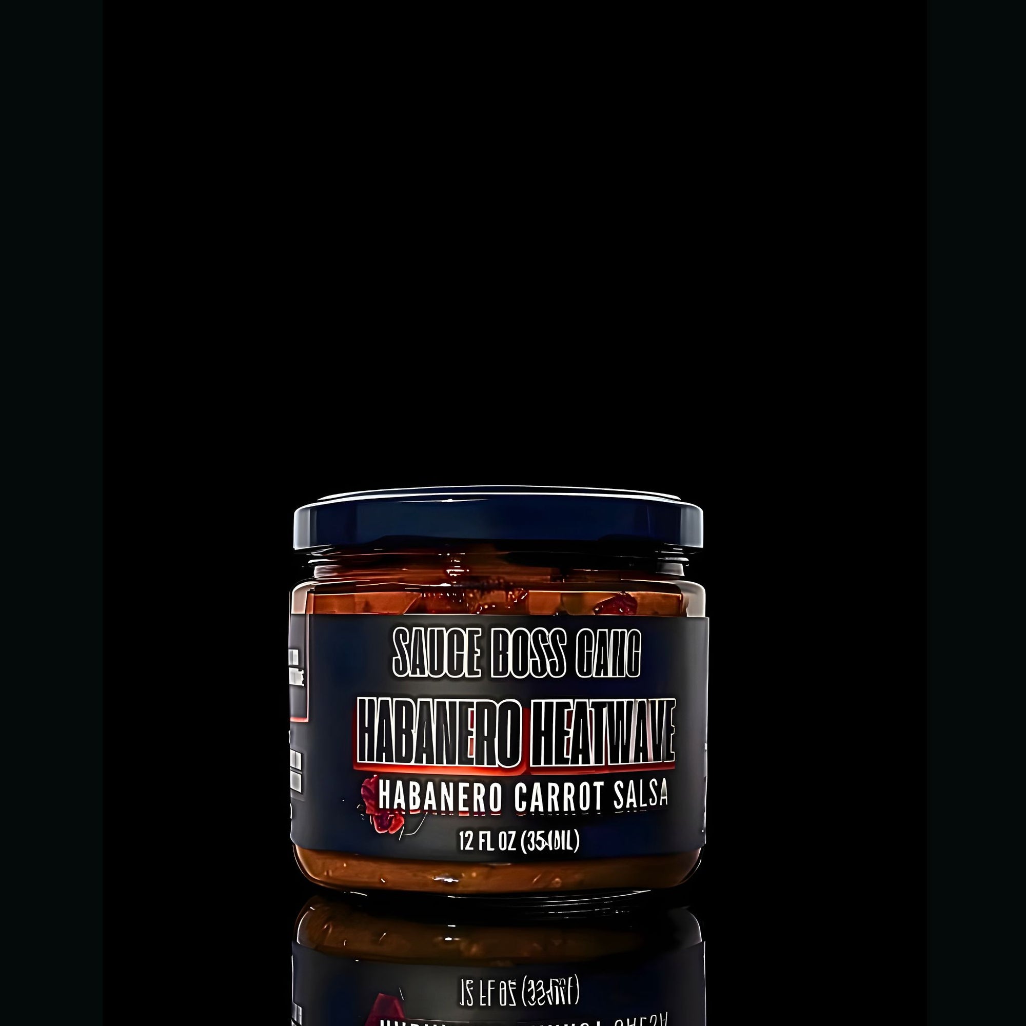 Jar of Habanero Heatwave salsa with a black label on a reflective surface.