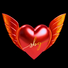 Red heart-shaped compact with orange wings and 'sbg' inscription on a black background