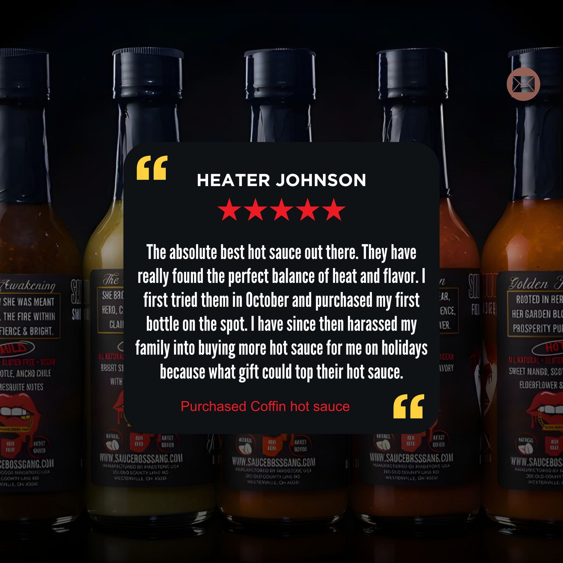 Hot sauce bottles with a five-star review on a dark background