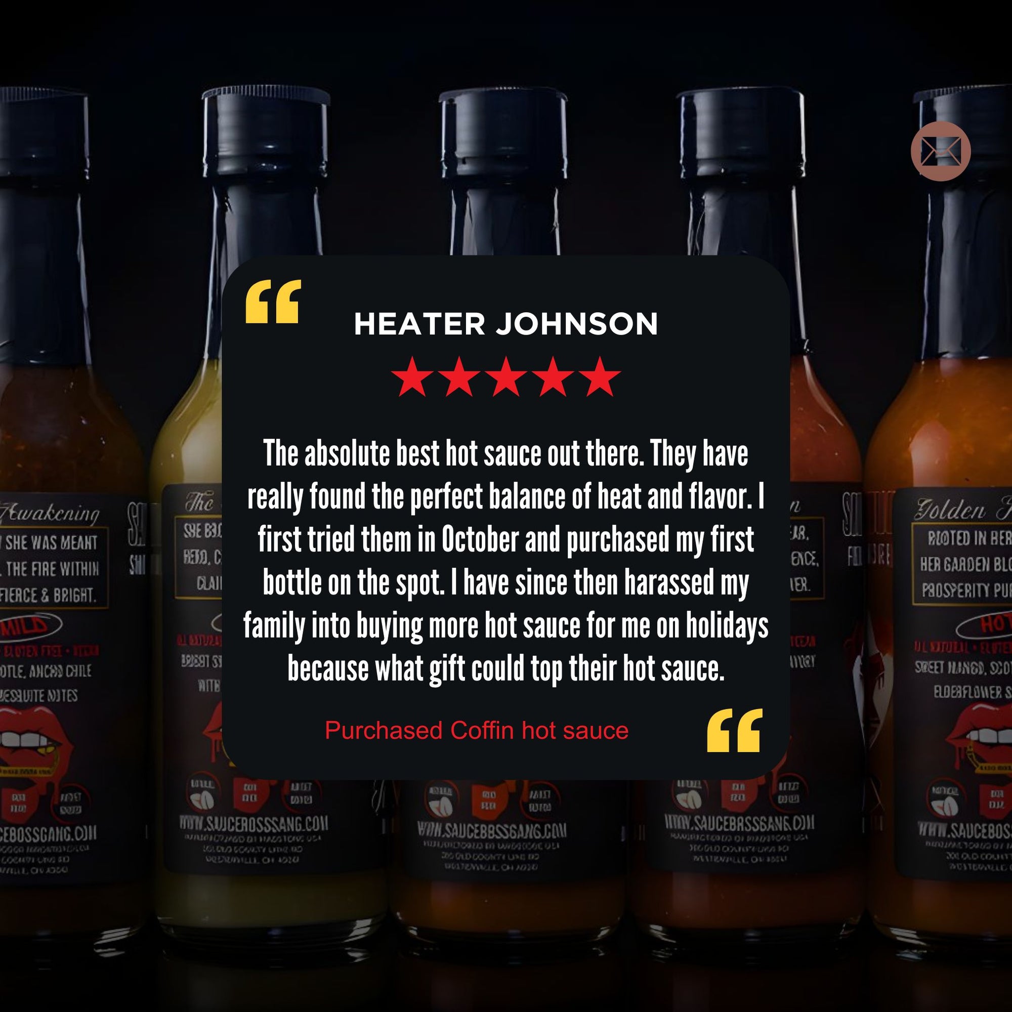 Hot sauce bottles with a five-star review on a dark background