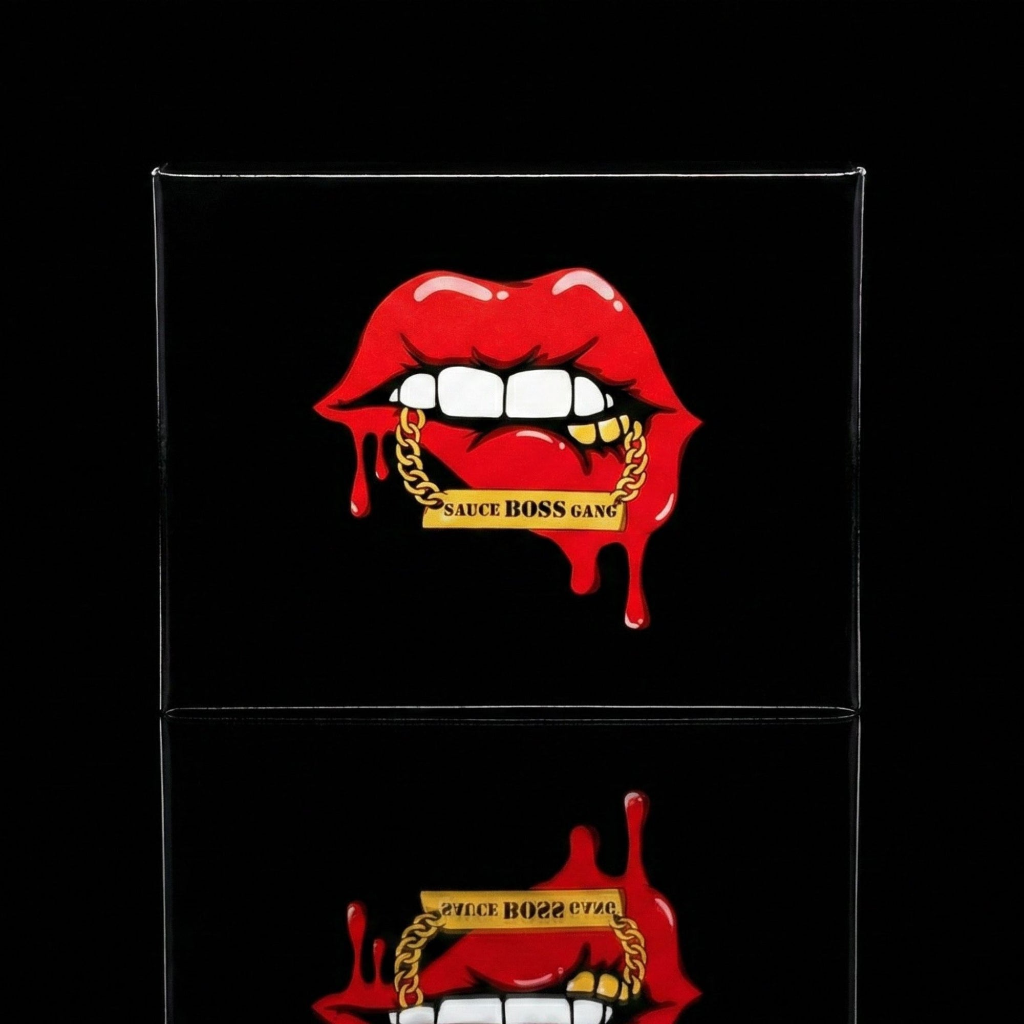 Black box with red lips and 'Sauce Boss Gang' logo on a black background