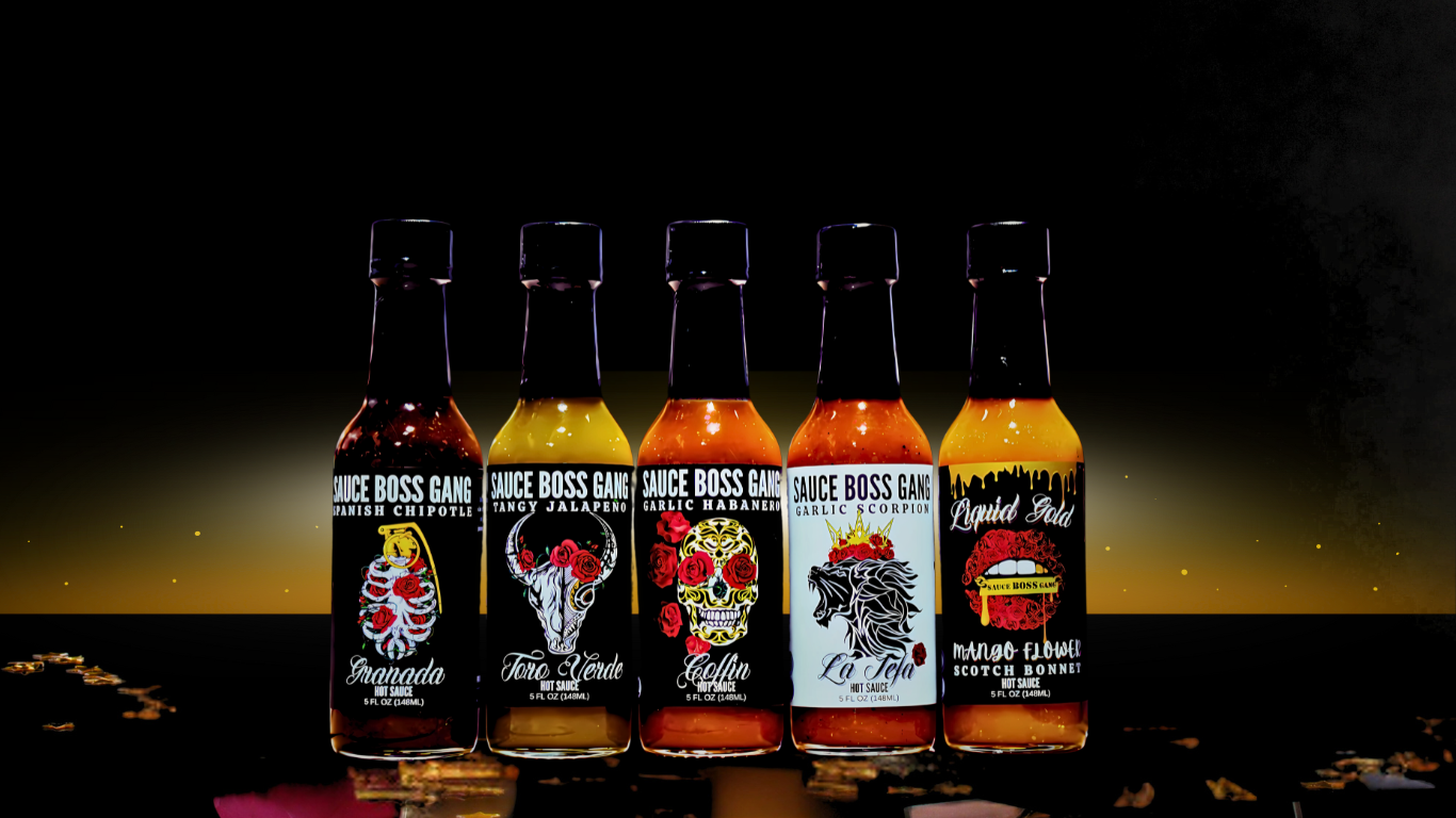 SAUCE BOSS GANG FEARLESS HOT SAUCE COLLECTION FRONT VIEW.