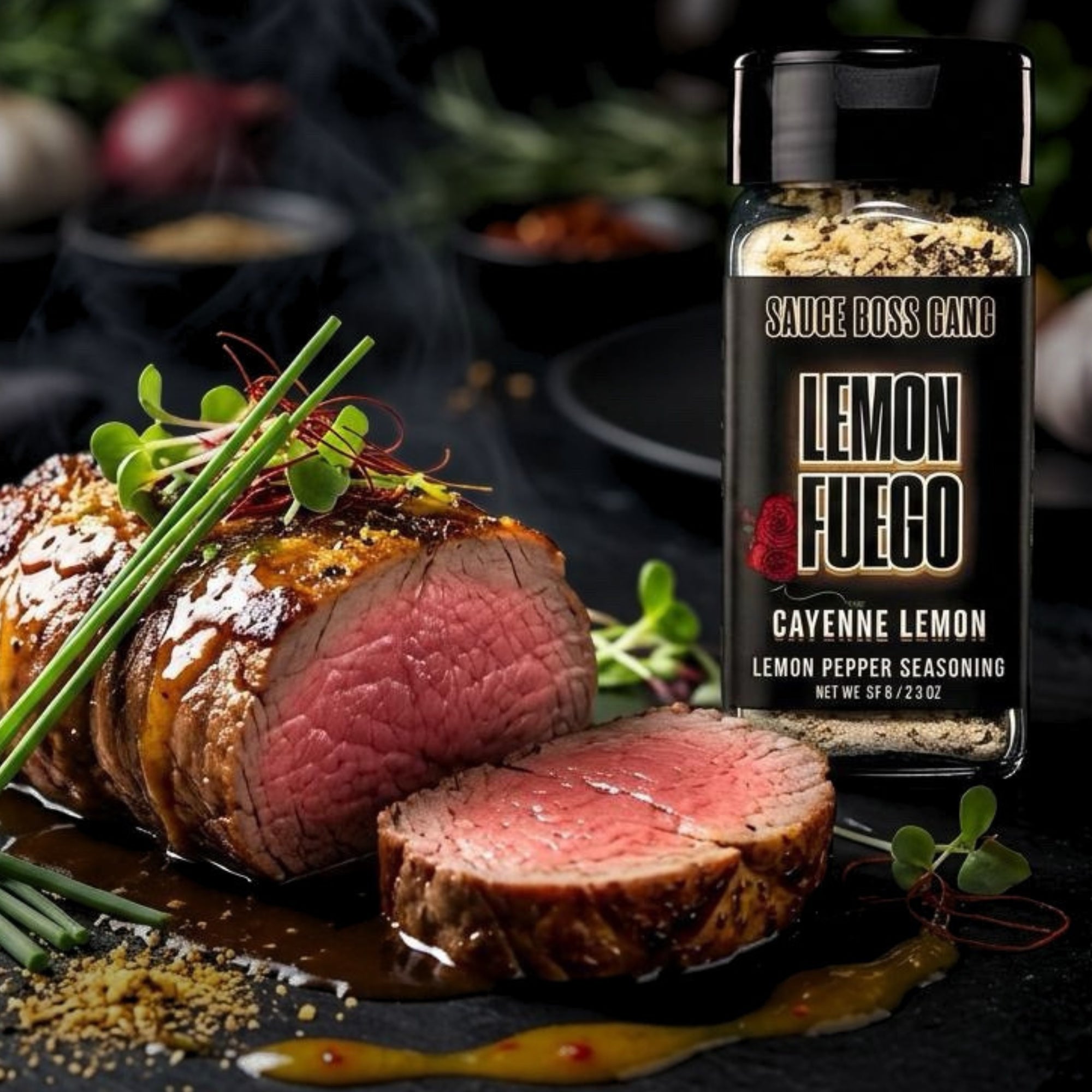 Sliced beef with lemon and green herbs next to a bottle of Lemon Fuego seasoning on a dark background.