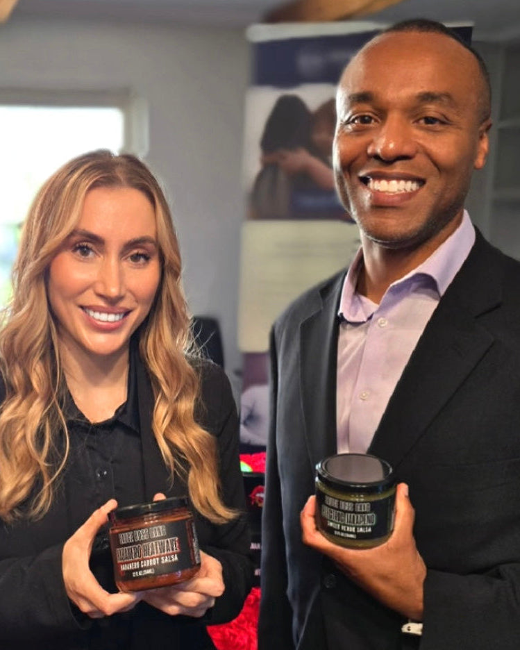 Two people holding products in a store setting