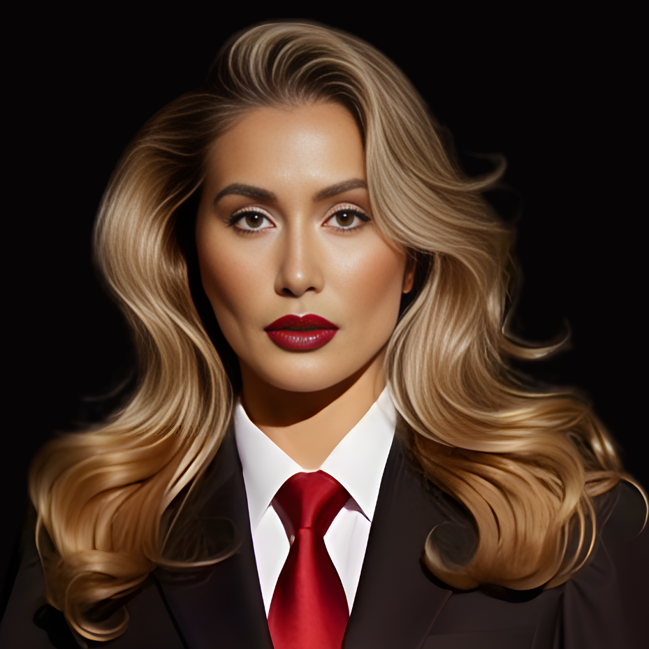 Woman in a dark suit with a red tie against a black background