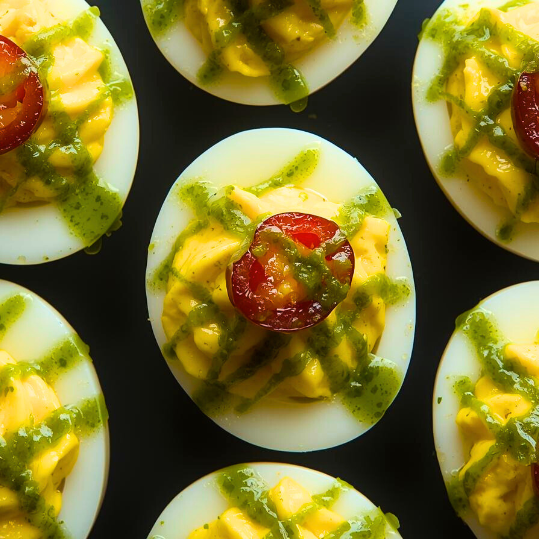 Deviled eggs with green verde salsa and cherry tomatoes on a black surface