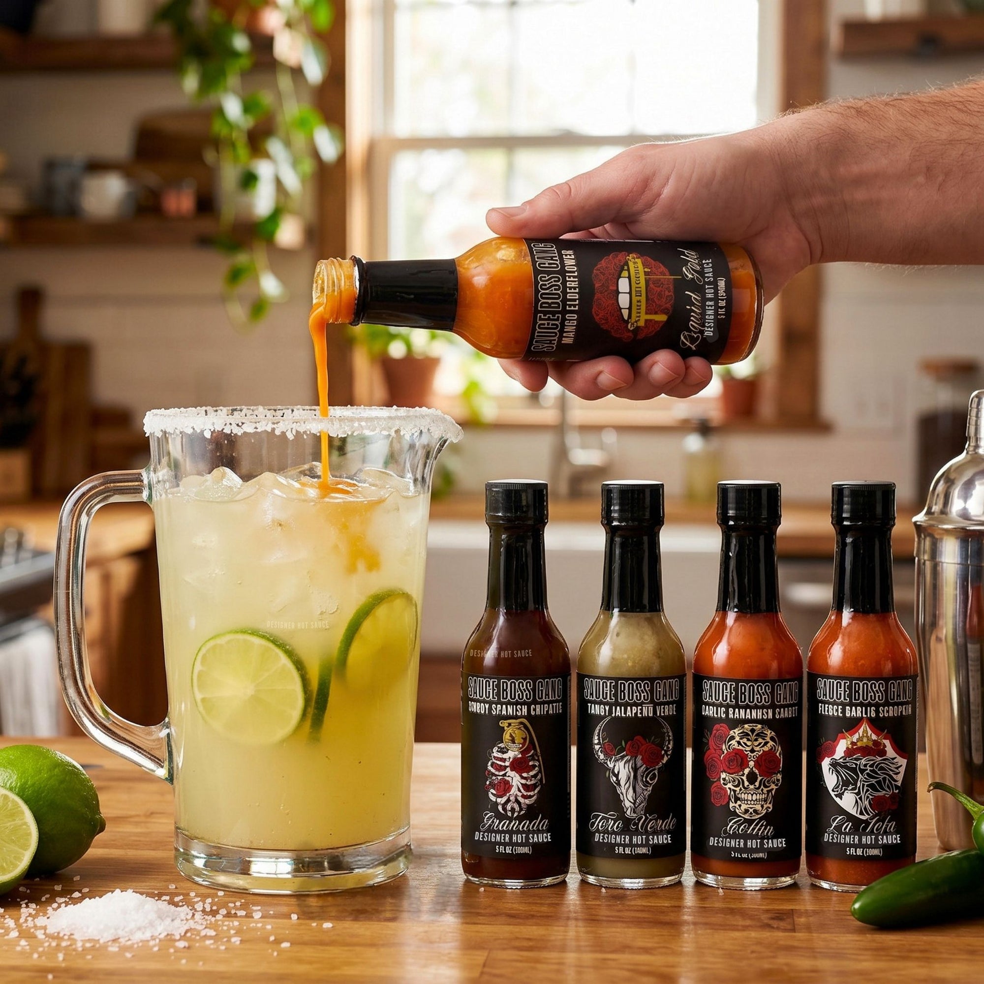 Hand pouring hot sauce into a margarita with hot sauce bottles on a kitchen counter.