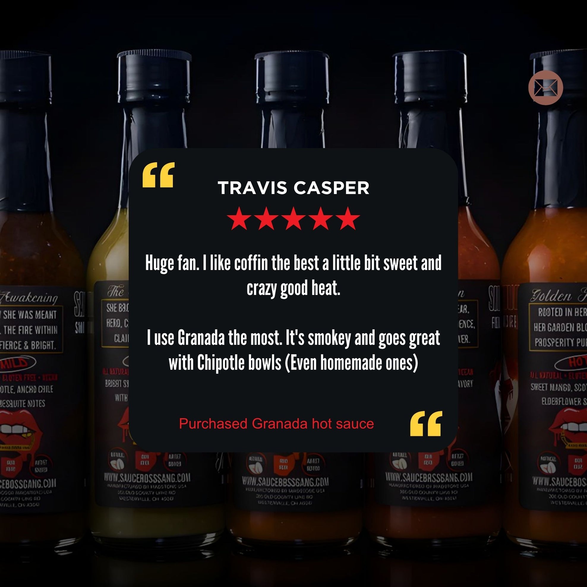 Hot sauce bottles with a Travis Casper review card in the center