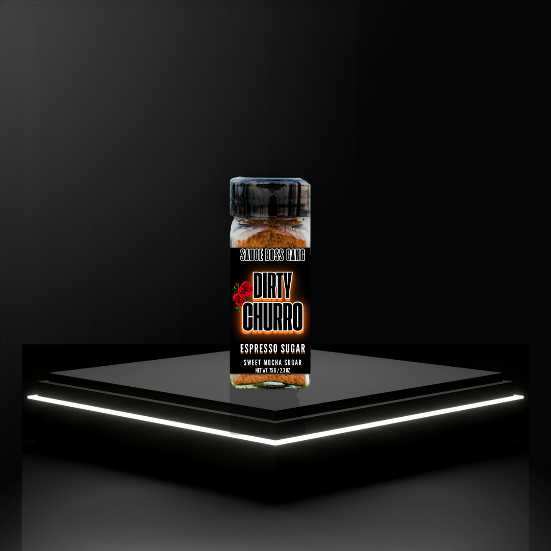 Jar of Dirty Churro Espresso Sugar on a black platform with a dark background