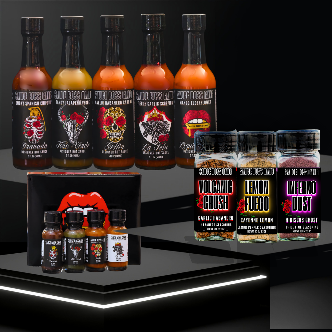 Collection of hot sauce bottles and packaging on a dark background