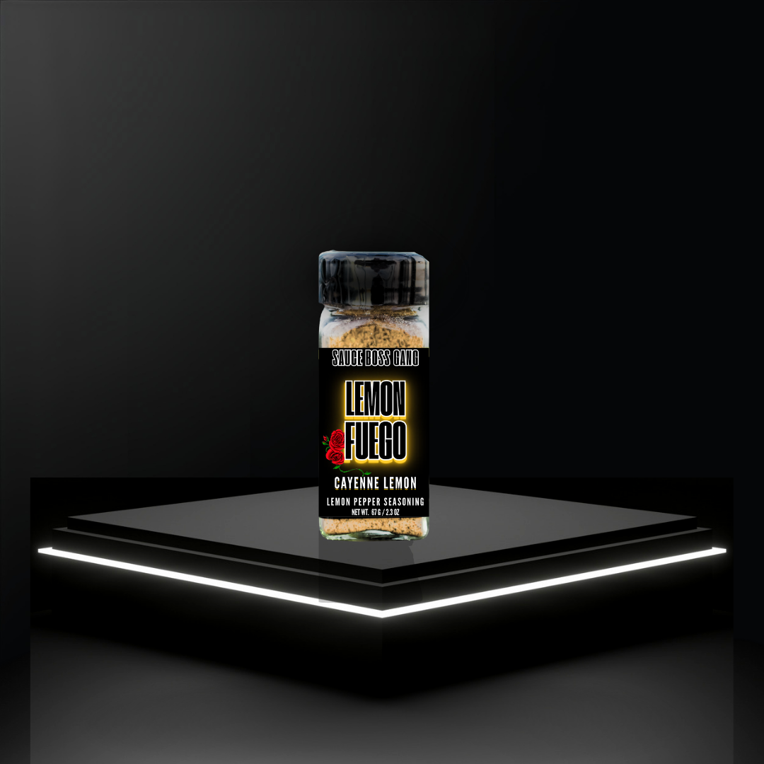 Lemon Fuego seasoning container on a black platform with a dark background
