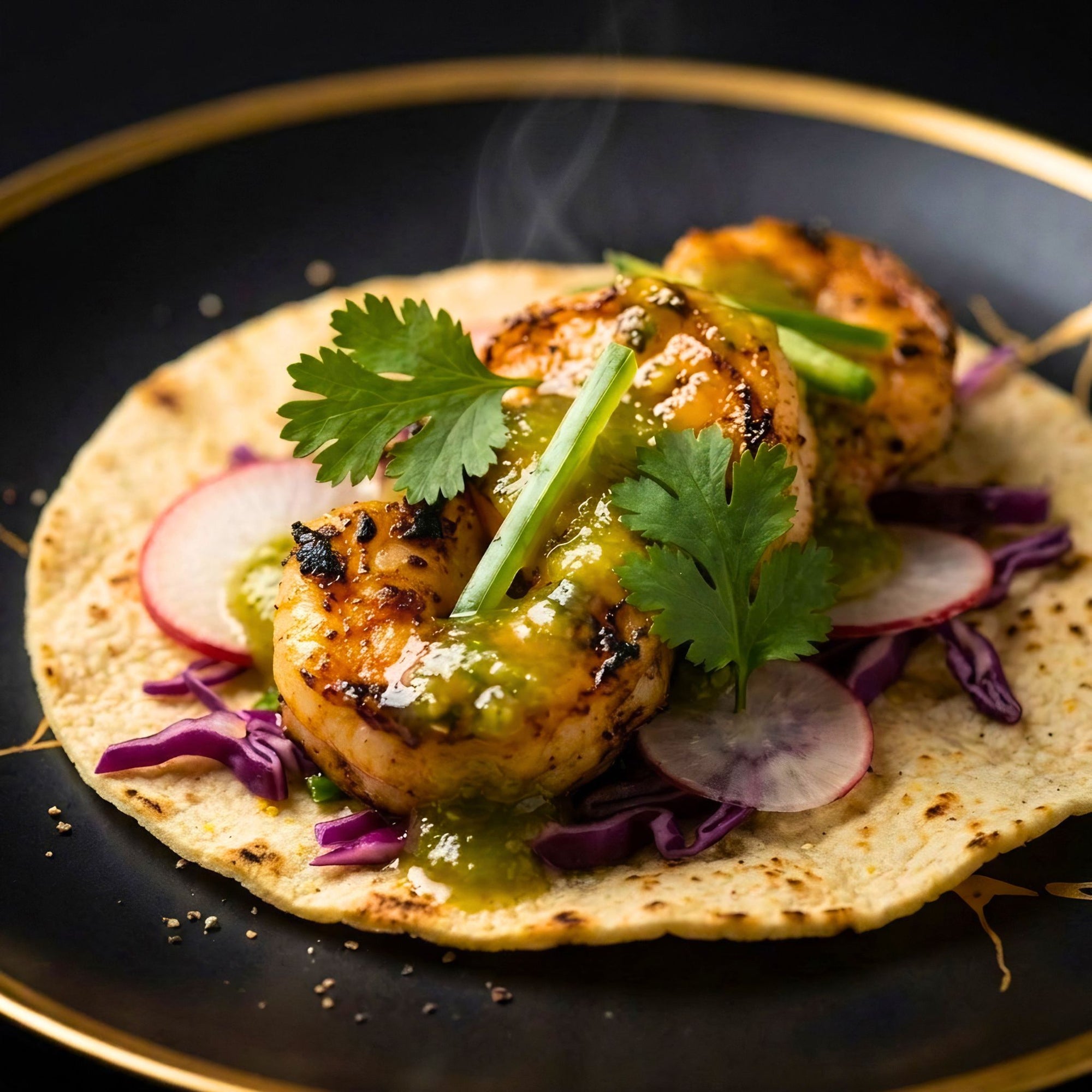 Tortilla with grilled shrimp, avocado, radish, and cilantro on a black plate.