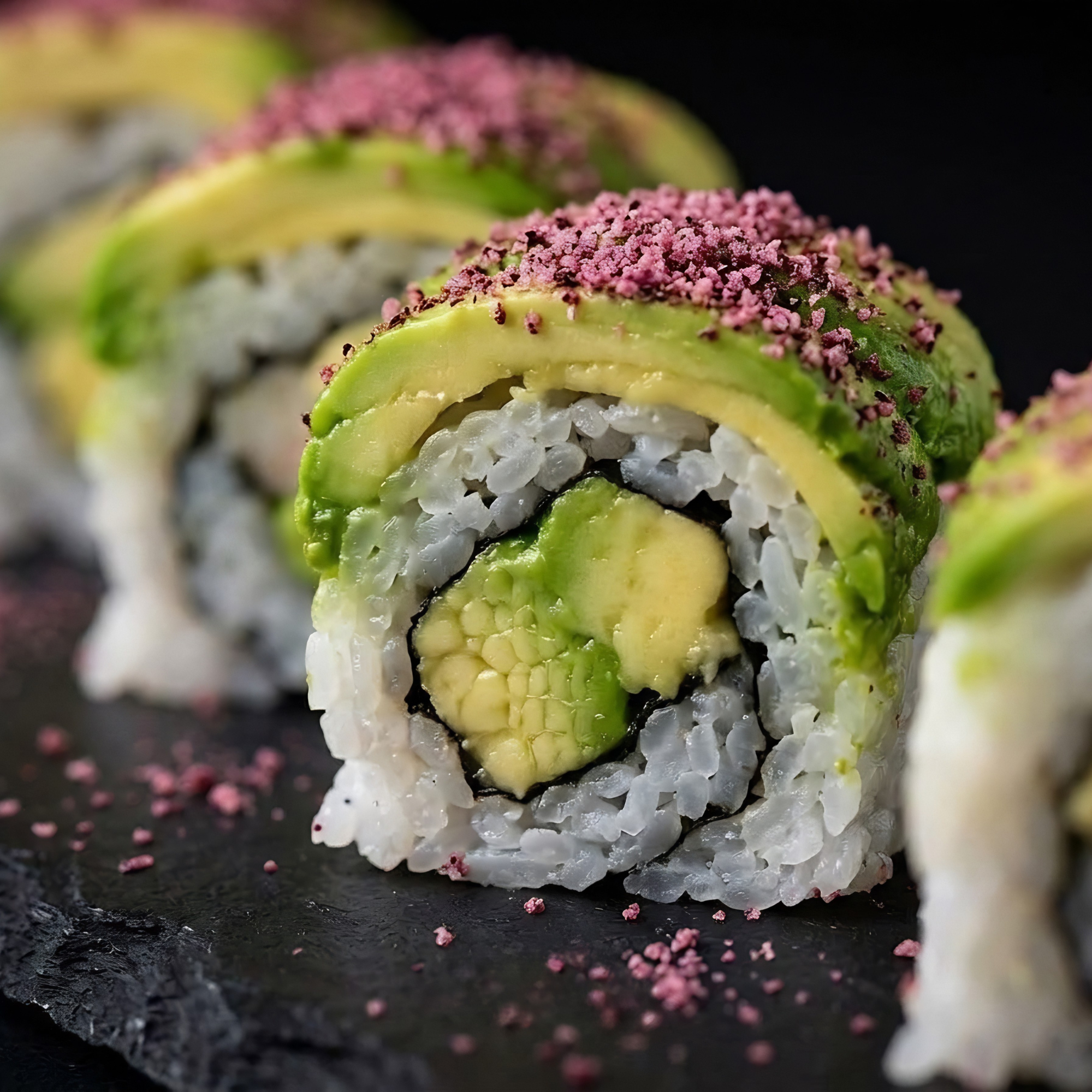 Sushi roll with avocado and pink toppings on a dark surface