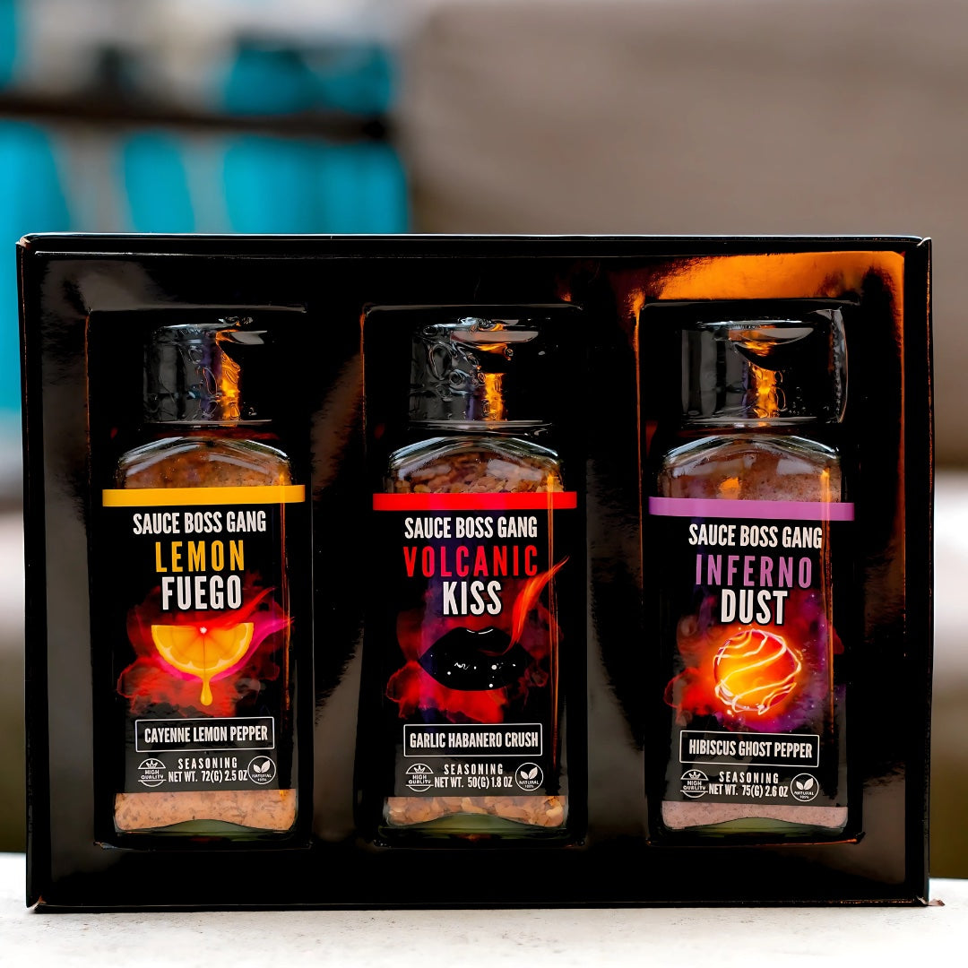 Sauce Boss Gang seasoning set in gift box full front view.