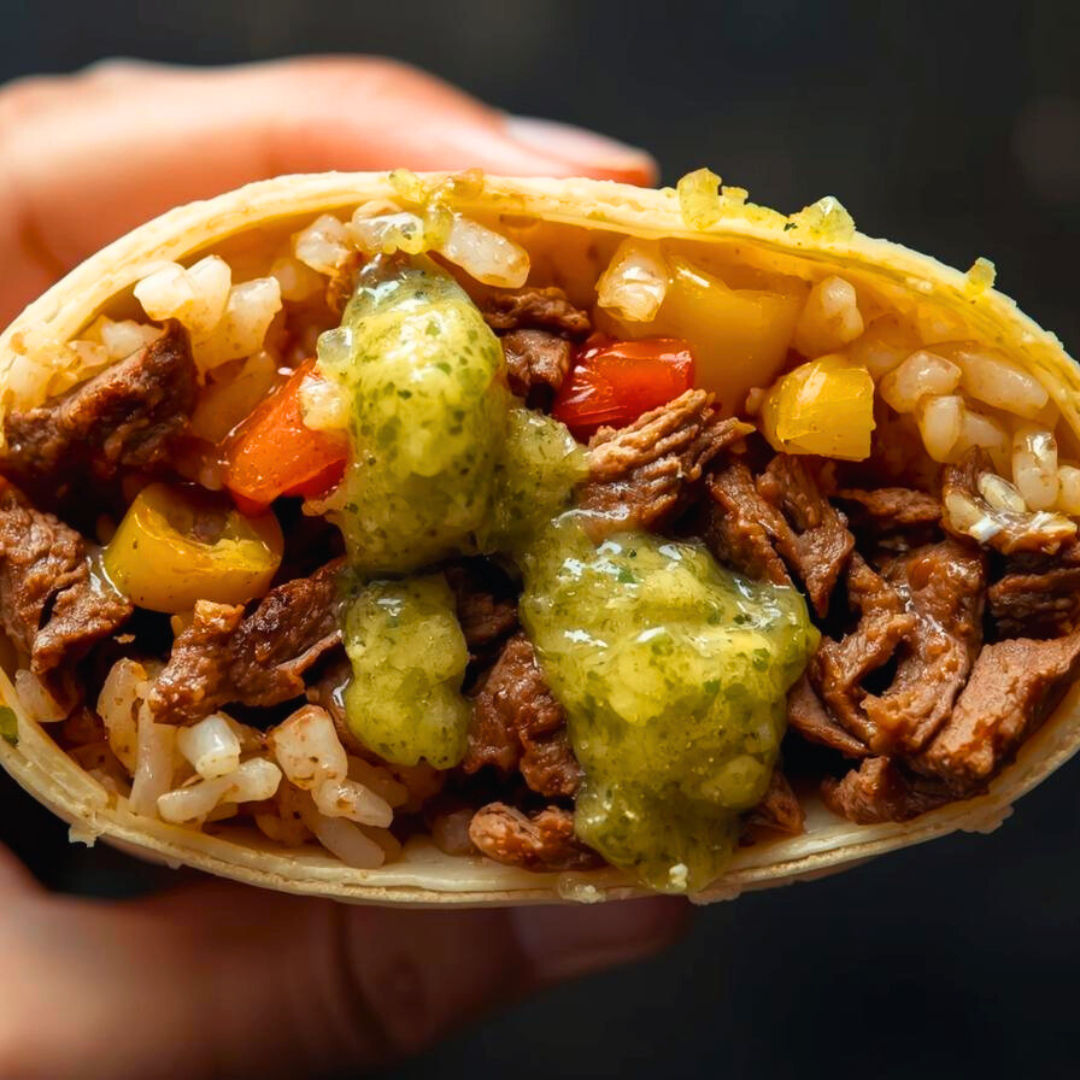 Close-up of a taco filled with meat, rice, and vegetables on a dark background