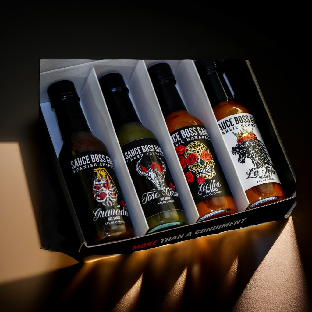 Sauce Boss Gang "The Whole Gang " hot sauce collection in gift box.