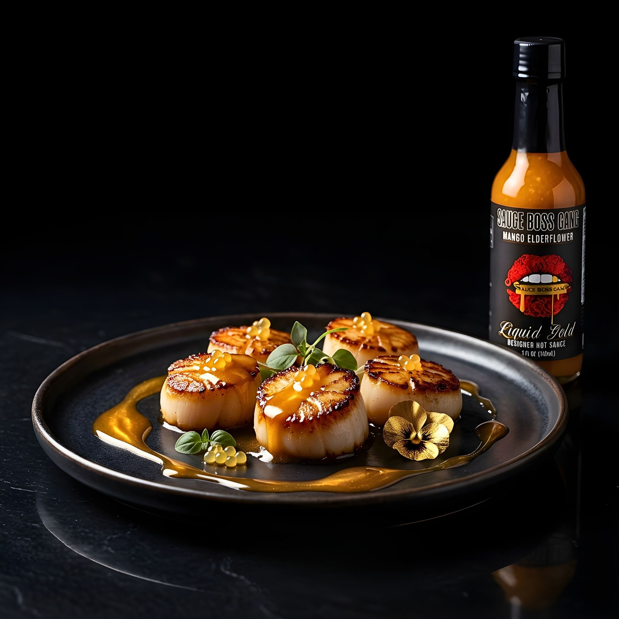 Plated scallops with a bottle of sauce on a dark background.
